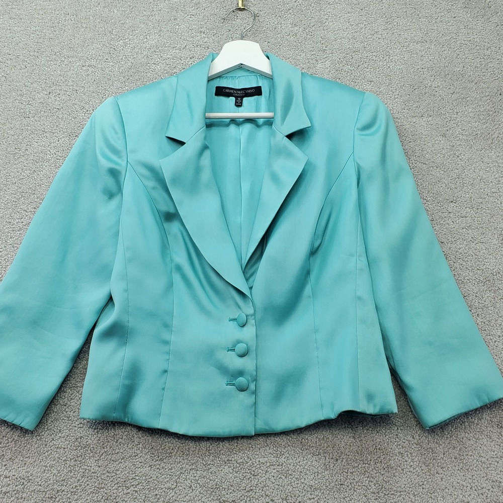 Carmen Marc Valvo Silk Blazer Women 12 Turquoise 3/4 Sleeve Quiet Luxury